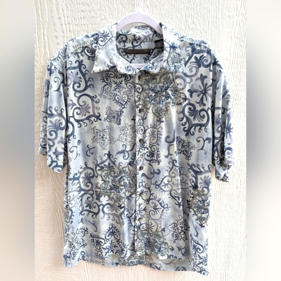 Axis 100% Silk Blue Embroidered Boho Summer Short Sleeve Button Up Shirt Men's L - Picture 1 of 6